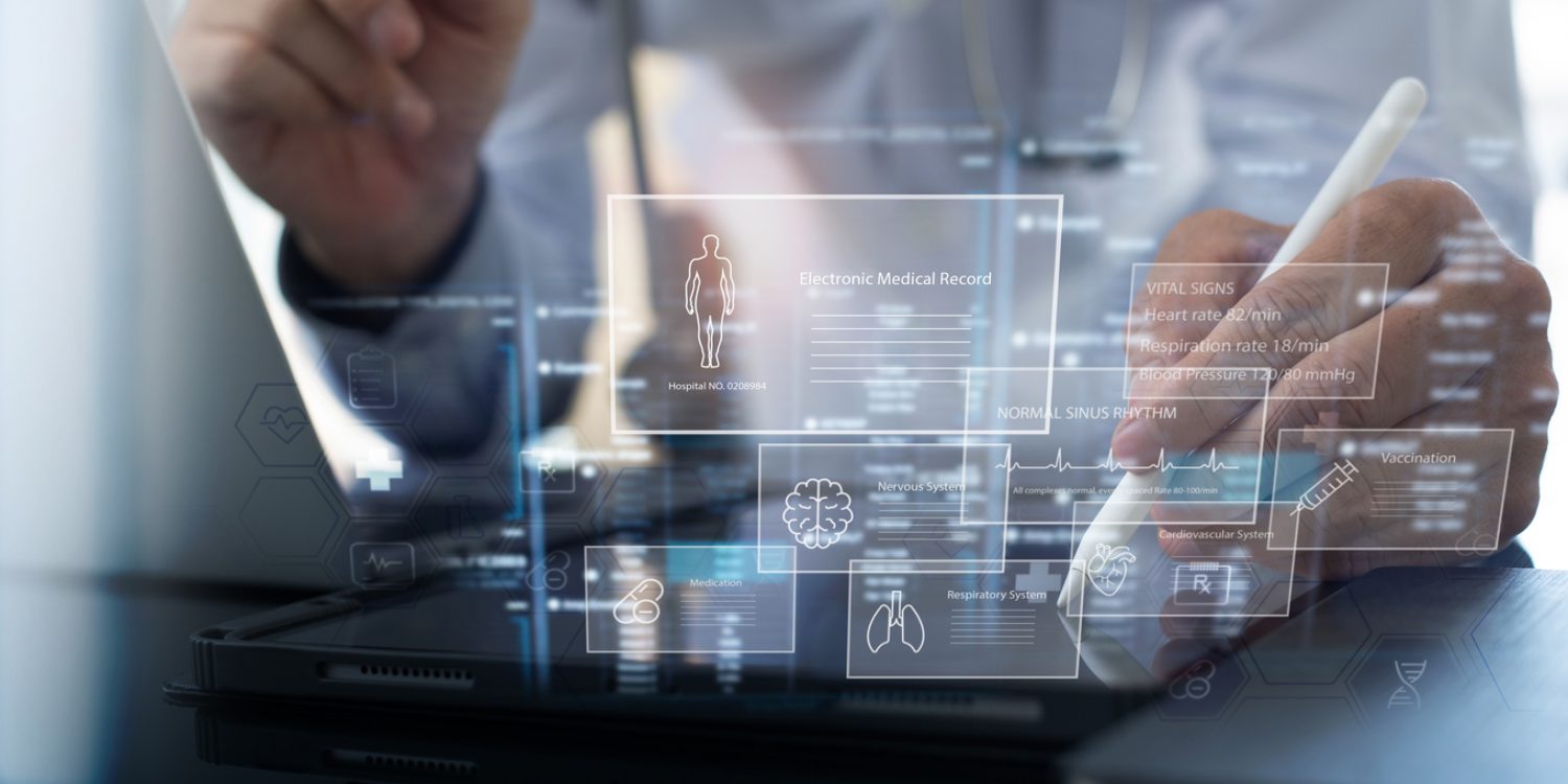 EMRs, Electronic Medical Record system. Doctor using digital tablet recoding, analyzing digital patient's personal health history and information on digital document, global health technology