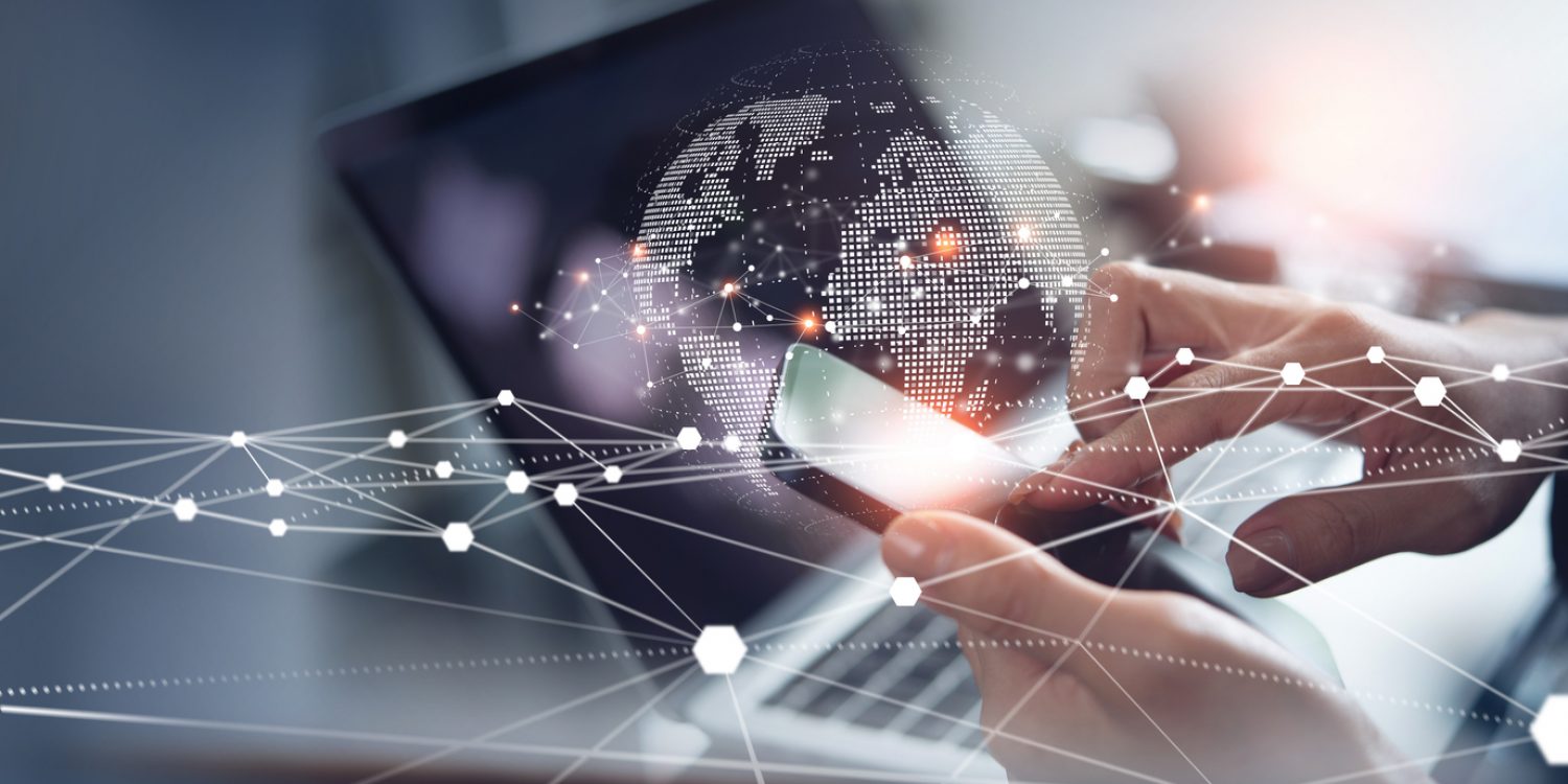 Digital technology, internet network connection, big data, digital marketing IoT internet of things. Woman using mobile phone and laptop computer surfing internet, innovative technology background