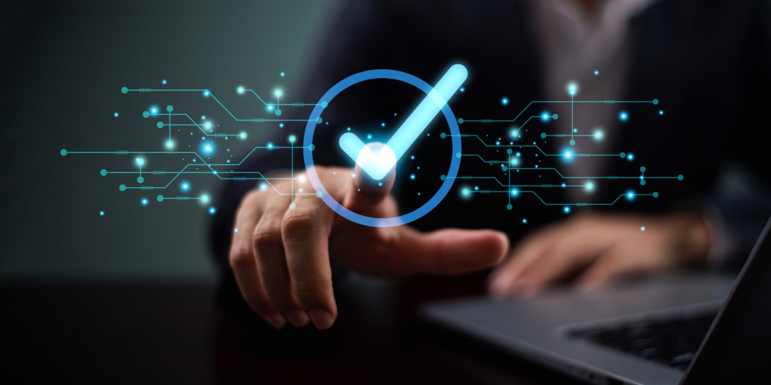 Approve guarantee concept, Quality assurance service icon. Man show professional quality assured mark, good service certificate, premium process, five stars, and business excellence check technolog