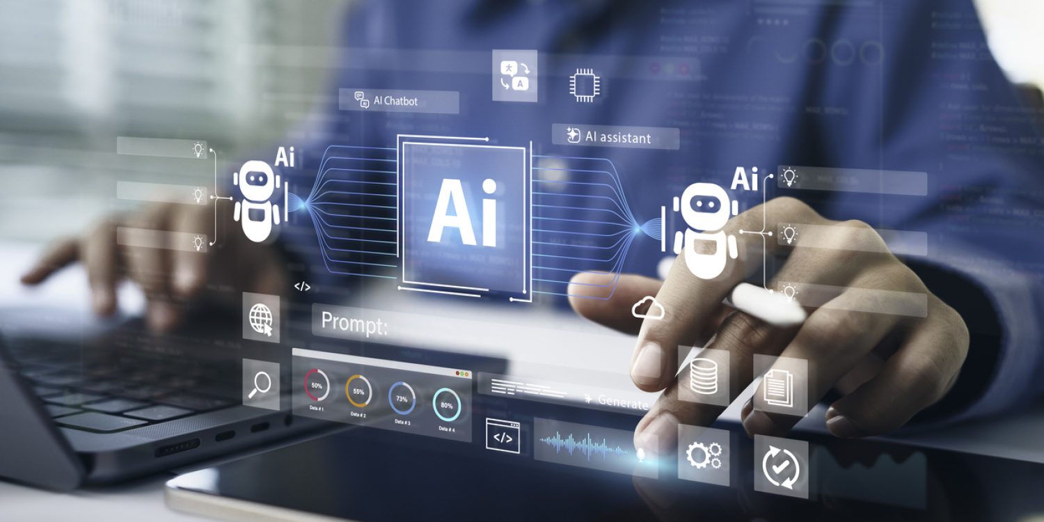 AI Artificial Intelligence technology for data analysis, research, planning, and work generate. Man uses a laptop and AI assistant dashboard. Technology smart robot AI agents and agentic workflows.