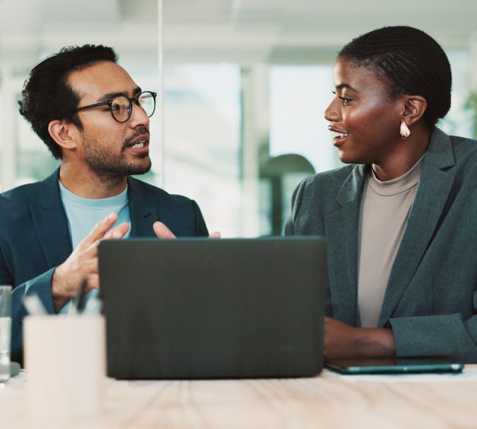 Office, partnership and team advice for laptop, proposal and research notes with document for report. Man, woman and feedback for small business, collaboration and meeting for training or b2b project