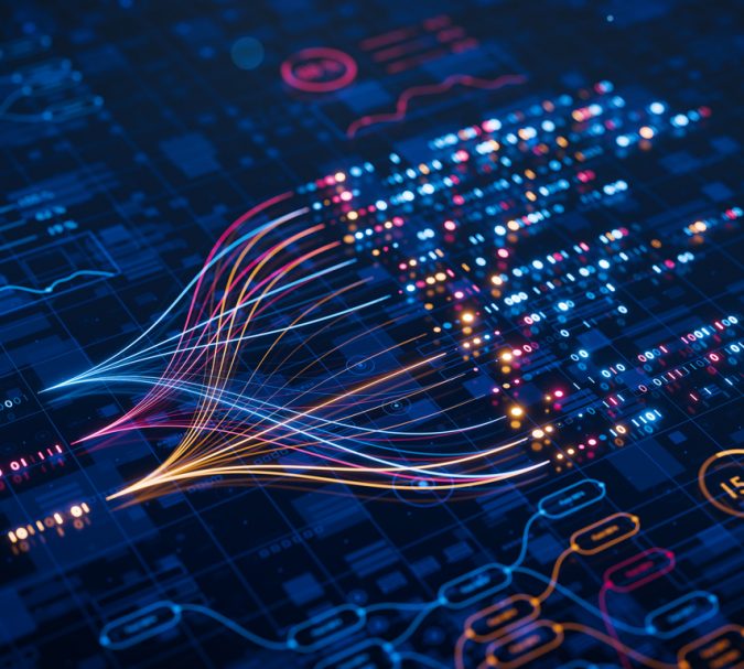 AI powers big data analysis and automation workflows, showcasing neural networks and data streams for business. Artificial intelligence, machine learning, digital transformation and tech innovation.