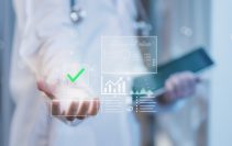 Concept healthcare data compliance and quality assurance doctor presenting virtual check icon and analytics dashboard, symbolizing approval, medical standards, performance monitoring, patient trust.